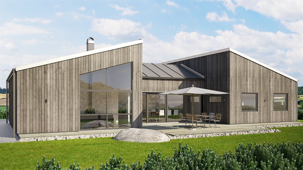 Visualisering av ett h-hus med ståendepanel i lösvirke morden stil